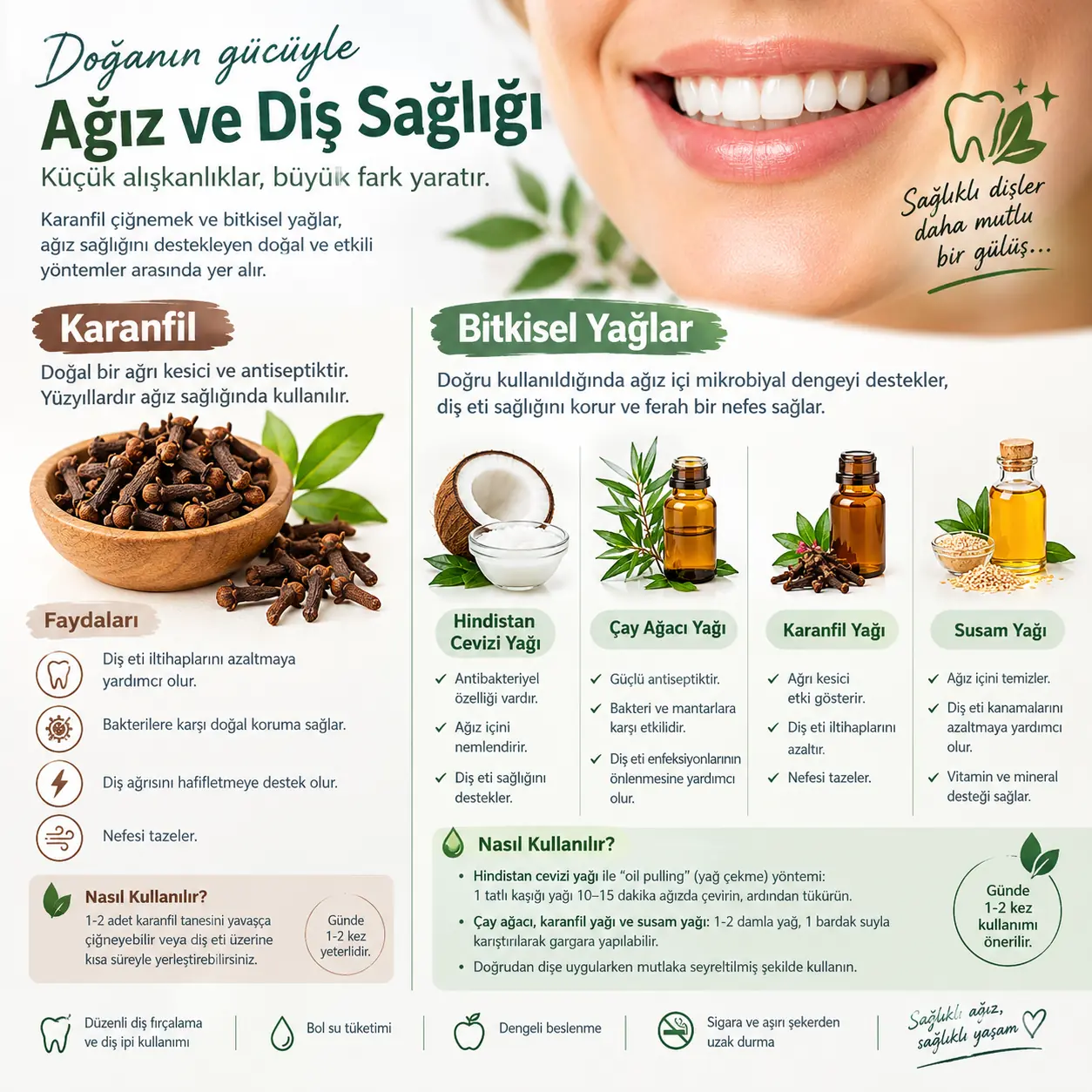 Karanfil ve hindistan cevizi, çay ağacı, karanfil ve susam yağlarının ağız ve diş sağlığındaki kullanımını anlatan bilgilendirme görseli